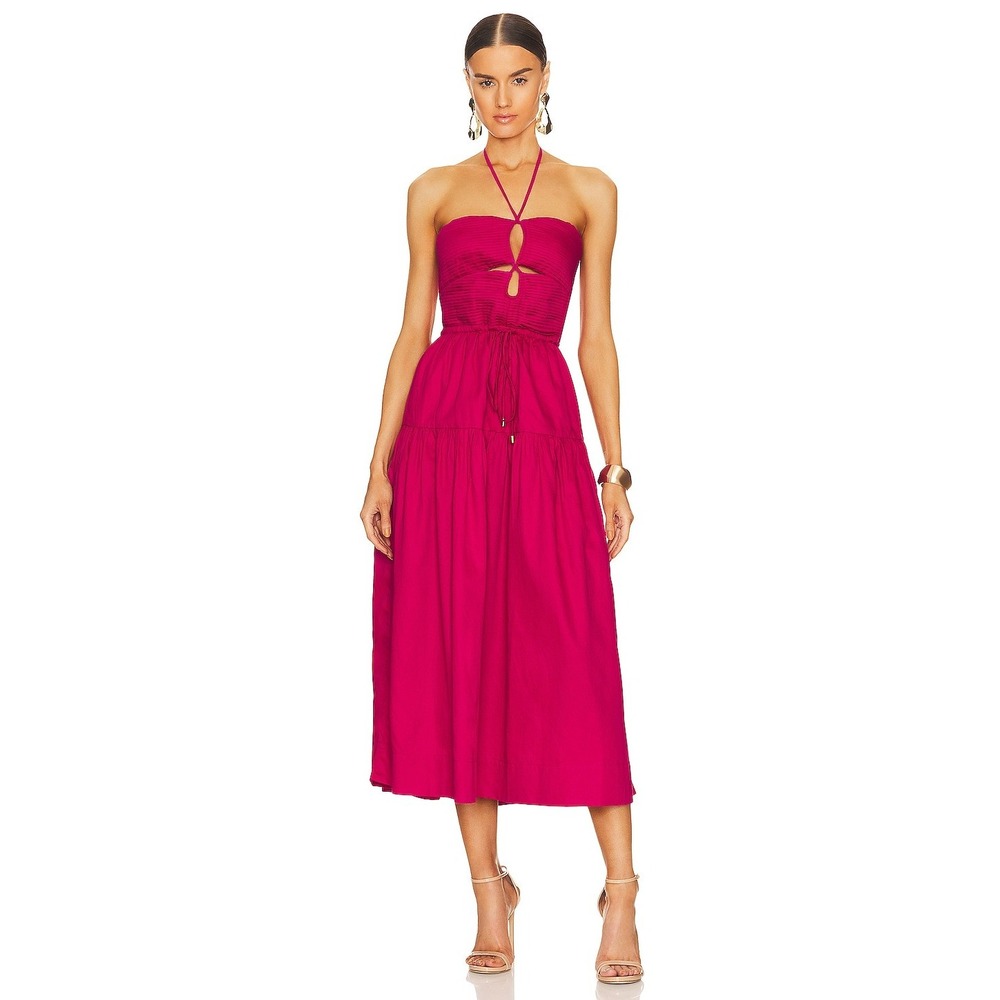 Karina Grimaldi Malwa Maxi Fuchsia Pink Strapless Tiered Cotton Maxi Dress Small